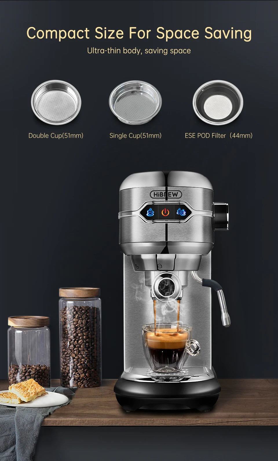 20-Bar Slim Stainless Steel Espresso Coffee Machine