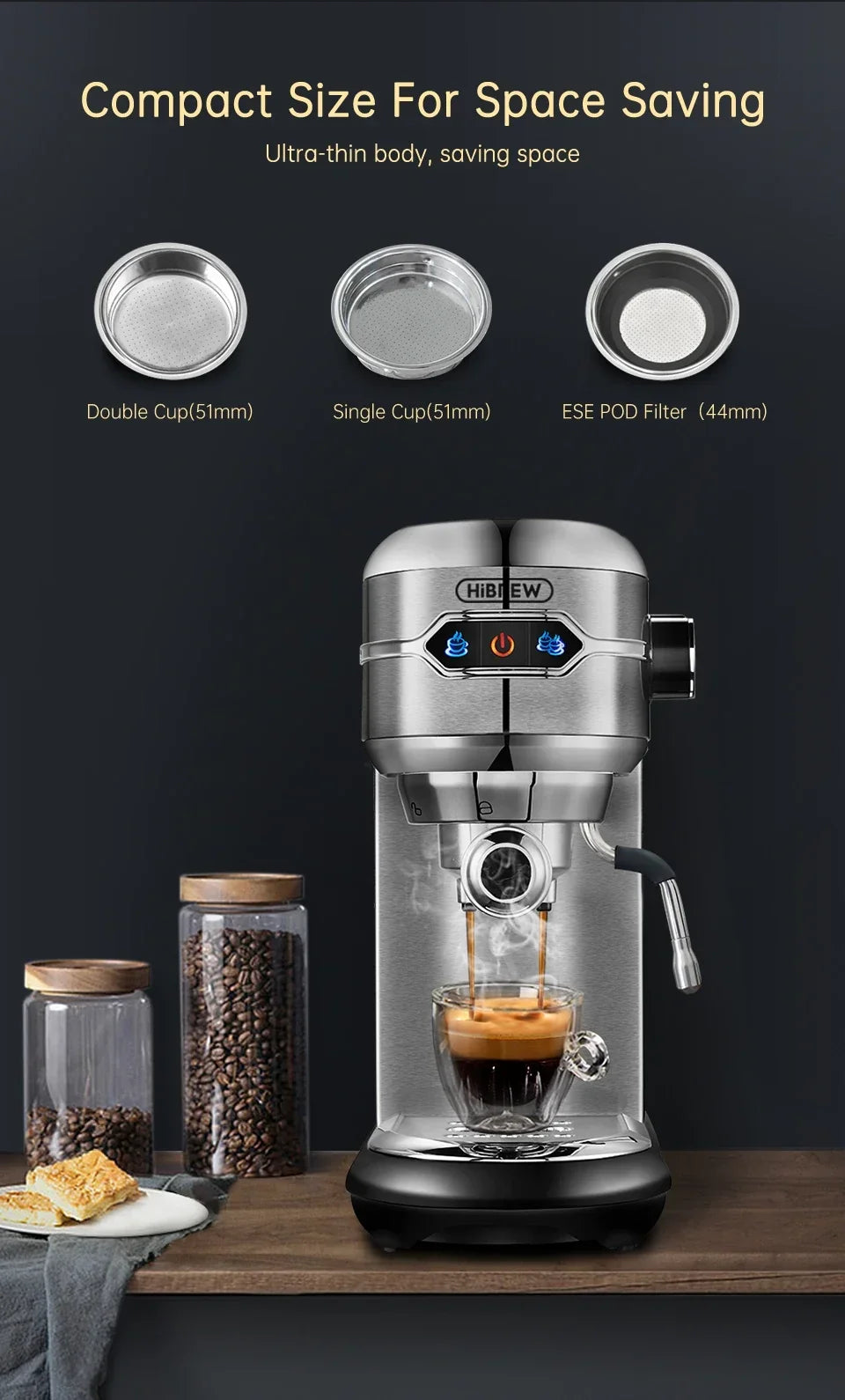 20-Bar Slim Stainless Steel Espresso Coffee Machine